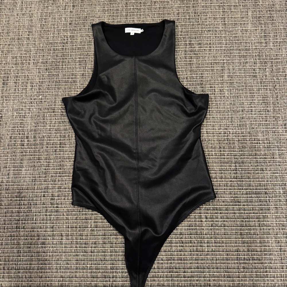 Good American Black Faux-Leather Bodysuit